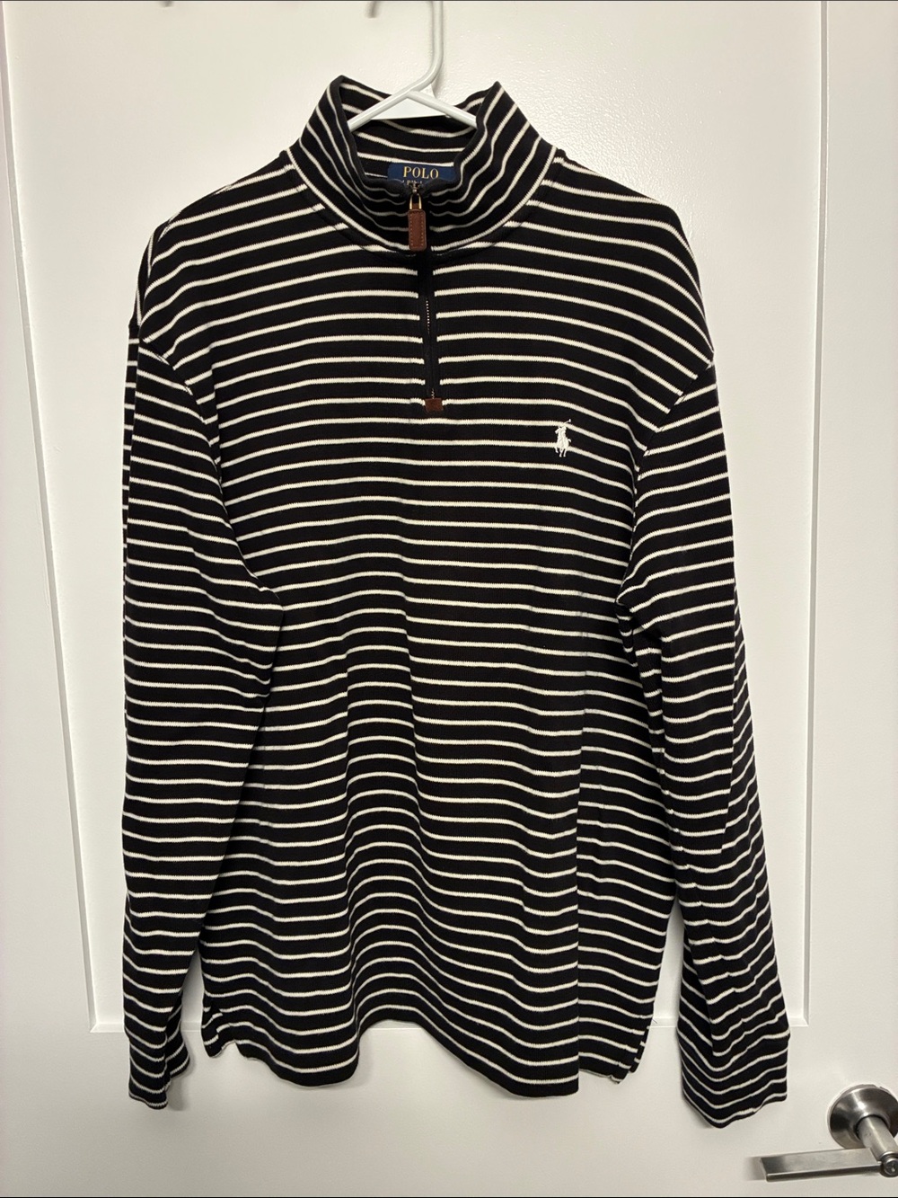 Polo Ralph Lauren Striped Quarter Zip Cotton Pullover Black Cream L